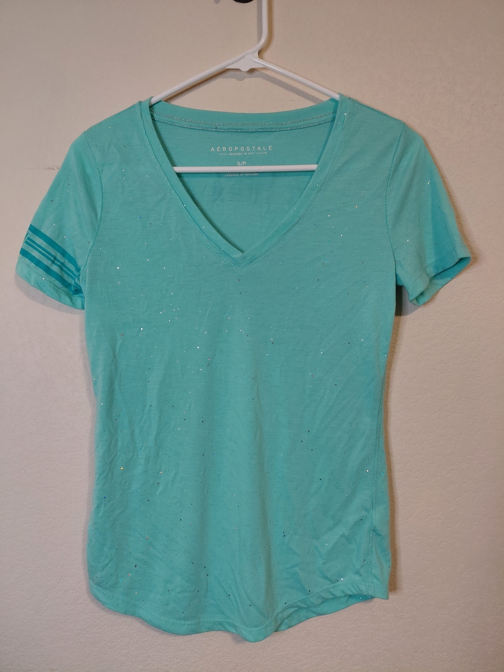 Aeropostale Mint Green V-Neck Short Sleeve Tee with Subtle Glitter